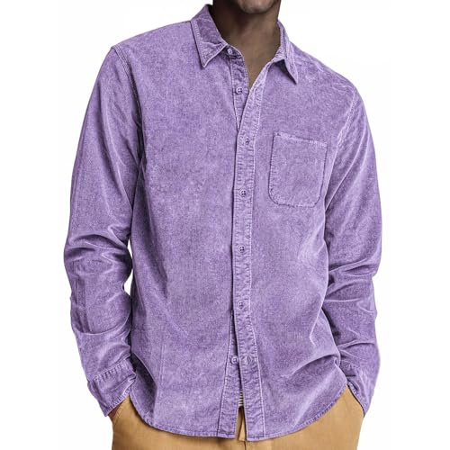 Corduroy Shirts for Men Long Sleeve Long Sleeve Shirt Jacket with Double Pockets Lightweight Button Down Shacket Tops Camisetas Gym Hombre(Purple, XXL)