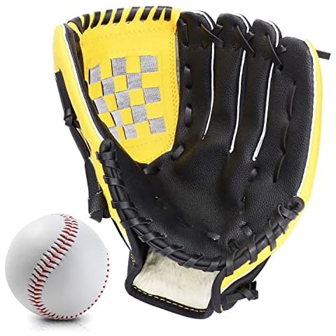 Baseball Gloves, Softball Gloves, Sports Batting Gloves with Baseball, PU Leather Thickening Pitcher Softball Mitt for Kids/Teens/Adult Professional Baseball Mitt, Left Hand Glove (Yellow black, 11.5) Cover