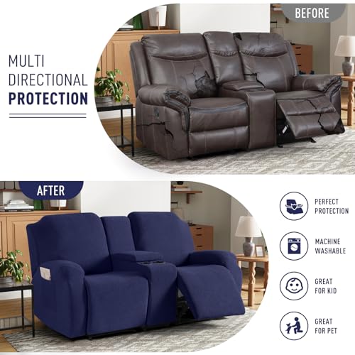 Image of KinCam Loveseat Recliner Covers with Middle Console Slipcover, Recliner Sofa Covers 2 Seat Couch Cover Stripe Jacquard Furniture Protector Covers with Elastic Bottom for Kids, Pets (Dark Blue)