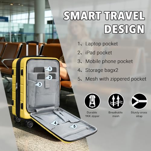 Image of KEYTANG SmileLine 3-Piece Luggage Set Lightweight Hardside Suitcase TSA Lock Spinner Wheels, 20 inch Expandable Carry-On Luggage with Quick Access Front Open Pocket, Bonus Makeup Bag,Yellow