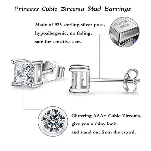4 Pairs 925 Sterling Silver Princess Cut Cubic Zirconia Stud Earrings Set | Small Cartilage Cz Hypoallergenic Tragus Piercing Earrings For Women Men Girls Kids 3Mm 4Mm 5Mm 6Mm #TOP2