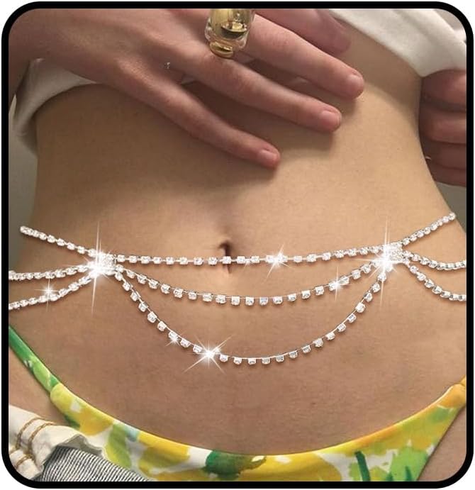 Tgirls Rhinestone Waist Chain Jewelry Sexy Silver Heart Belly Chains Layered Tassels Waist Body Chains Navel Button Ring Piercing Waist Chain Body Accessory for Women