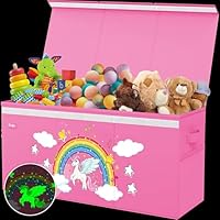 RUTIFUN XL Unicorn Toy Box - Foldable & Collapsible Cardboard Toy Chest Storage, Glow in the Dark Stickers - Extra Large Organizer with Lid, Kids Storage with Removable Dividers & Mesh Pocket - Pink