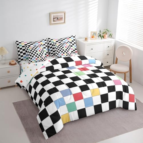 Image of Erosebridal Black White Checkered Kids Bedding Set King 7 Piece Colorful Checkerboard Grid Comforter Set with Sheets Funky Buffalo Plaid Bed in A Bag for Boys Girls Teen Groovy Gingham Bed Set