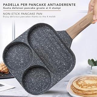 IPEA Padella Pancake Antiaderente per Induzione e Gas - 21 cm - Padella Anti Aderente in Alluminio Per Frittata, Crepes, Uova, Hamburger - Padella da Cucina con 3 Stampi - Manico Super Comfort