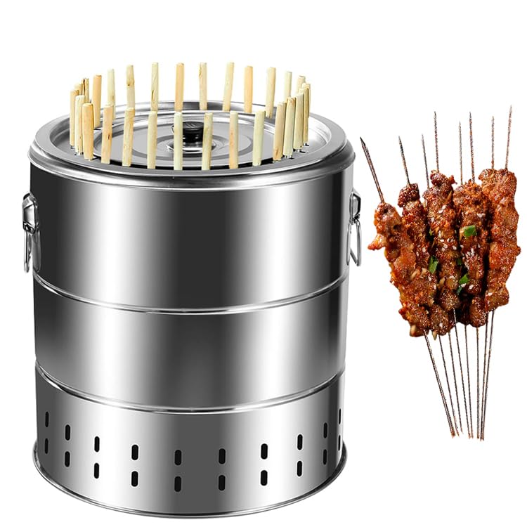 Griglia A Carbone Senza Fumo in Acciaio Inox - Barbecue Girevole A 360° Isolato con Cotone, Include 20 Spiedini E Accessori per Una Cottura All'Aperto Multifunzionale.