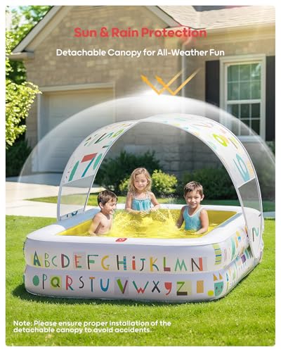 Image of QPAU Kiddie Pool with Canopy, Inflatable Design, 65 x 39 in, Yellow