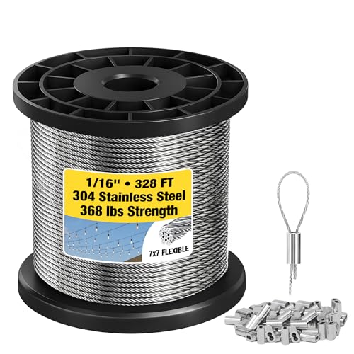 Câble métallique de 0,6 cm – Câble en acier inoxydable 304 de 100 m, 7 x 7, résistance à la rupture de 166,9 kg – avec 150 manchons de sertissage pour...