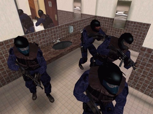 SWAT team in a bathroom environment