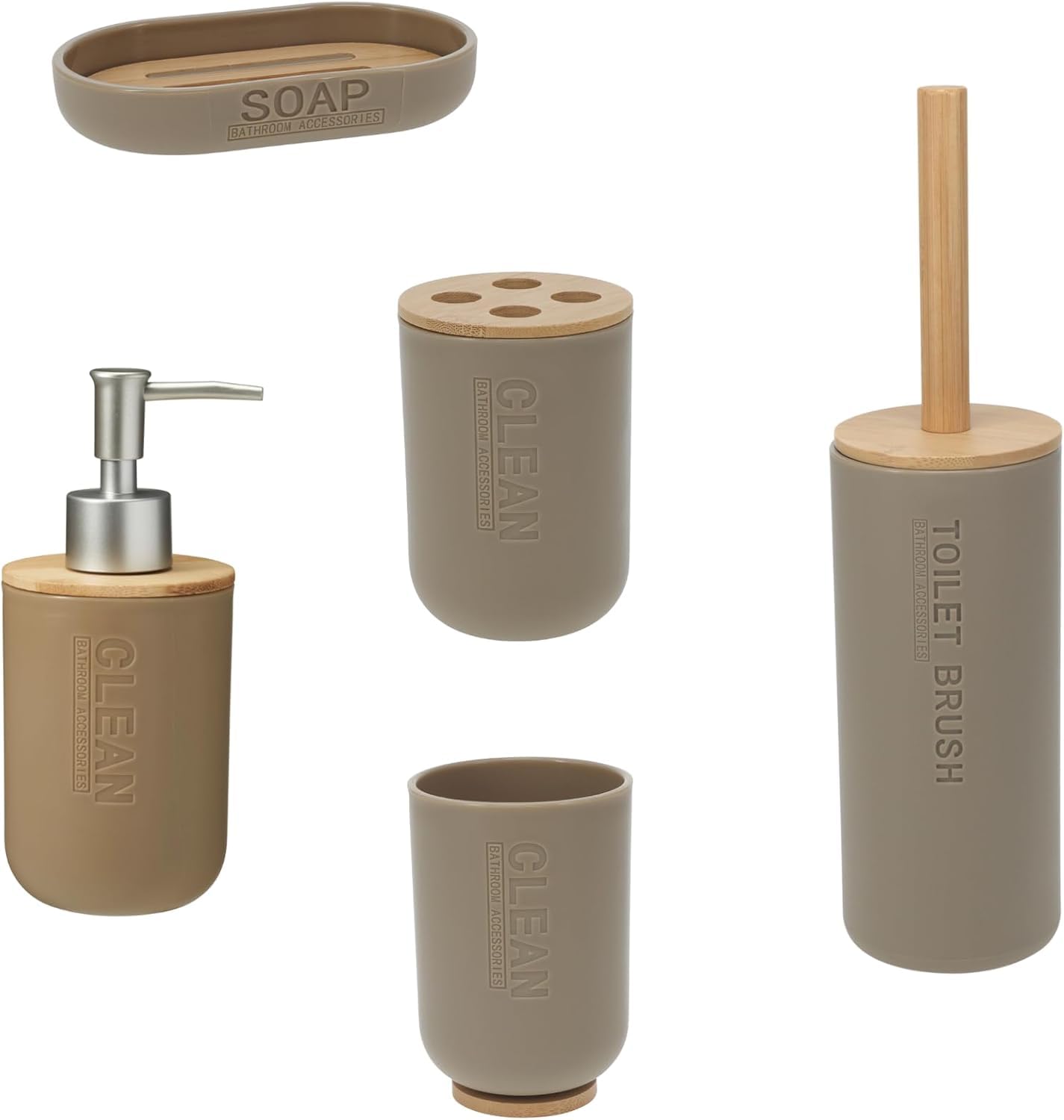 Envenzo Bathroom Accessories Set with Bamboo Accents, Includes Soap Dispenser, Toothbrush Holder, Tumbler, Toilet Brush, Soap Dish, 5 Pc Set, Green, Pink, Taupe (Taupe)
