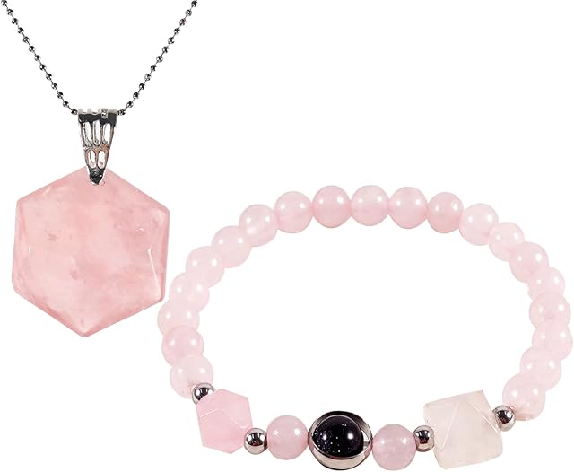 Soulnioi Healing Crystal Natural Crystal Set of 1Pcs Pyramid Cut Diamond Beaded Bracelet and 1Pcs Six-Pointed Star Hexagram Pendant Round Bead Necklace for Luck Spiritual Beauty Gift