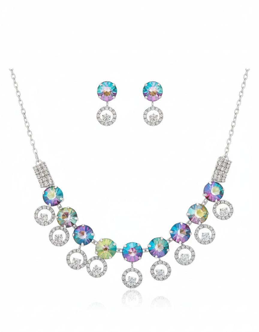 Silver Finish Multicolor Crystal Necklace Set with Matching Earrings – Elegant Party & Wedding Jewellery