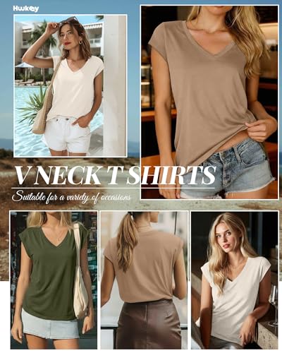 Image of Huukeay 3 Pack Women's V Neck Cap Sleeve T Shirts | Short Sleeve Basic Tees, Loose Fit Soft Tops for Women, Casual Lightweight Shirts, Everyday Summer Clothes