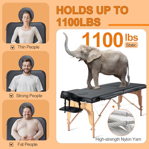 Image of 72.8'' Professional Massage Tables Portable Lightweight Massage Bed with Bag, 12 Height Adjustable Esthetician Bed Memory Foam Foldable Massage Table Premium Spa Tattoo Bed, Black