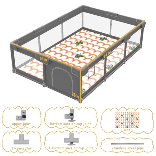 Image of Baby Playpen with Mat 74x50 inch, Playpen for Babies and Toddlers, Baby Play Pen Design with External Zipper Gate, Play Yard with Non-Slip Suction Cups on The Bottom