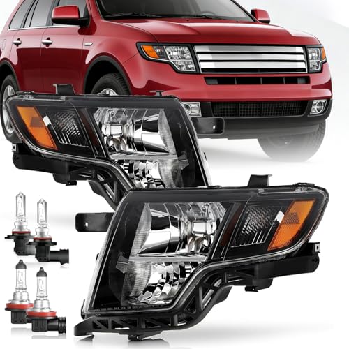 Headlights Assembly Replacement for 2007 2008 2009 2010 Ford Edge Halogen Head Light Headlamp w/Bulbs Driver and Passenger Side Black Housing Amber Corner Clear Lens OE # FO2502228 FO2503228