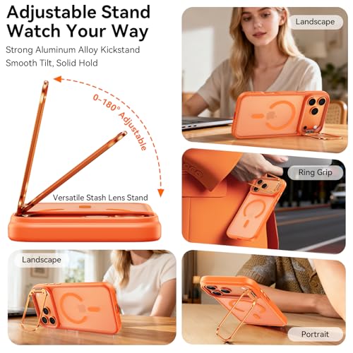 Image of for iPhone 17 Pro Max Case with Stash Lens Stand and 9H Screen Protector, Fit for MagSafe, Military-Grade Drop Protection Phone Case for iPhone 17 Pro Max, 360 Full Protection, Cosmic Orange