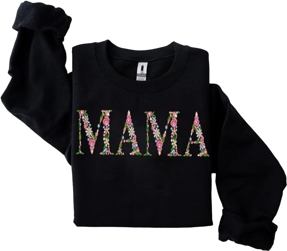 Mama Embroidery Floral Sweatshirts For Women, Gift From Grandkids Flower Gift for Mothers Day and Christmas