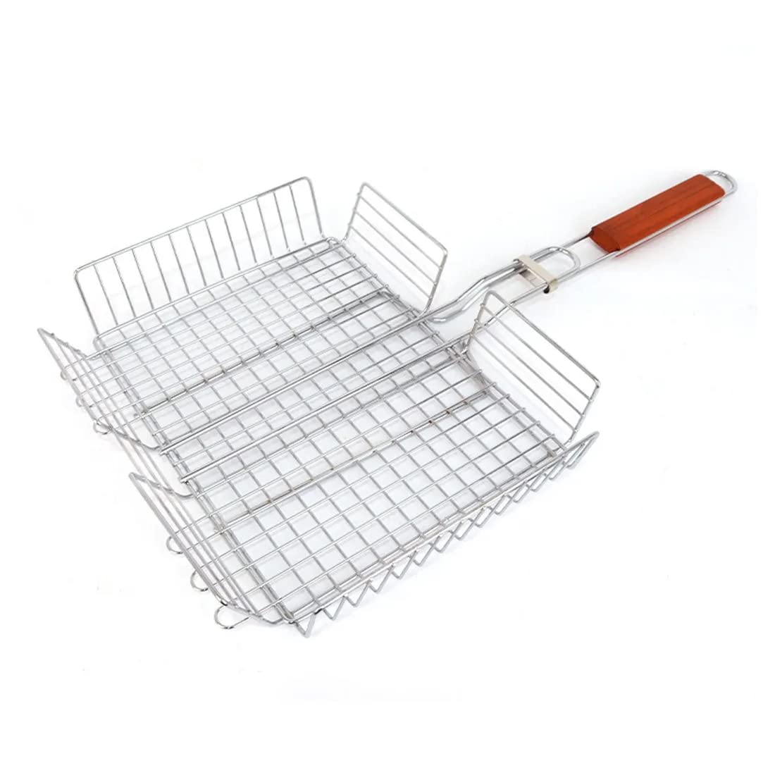 Grill Grid,Portable Stainless Steel Grill Basket,Barbecue Accessory Folding BBQ Mesh for Fish Chicken Vegetables Non Stick Portable Stainless Steel BBQ Grill stainless steel with wood grip_1-image-41