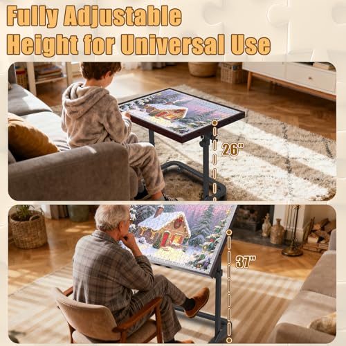 Image of Jigsaw Puzzle Table 1500 Pieces,Adjustable Height&Up Puzzle Board with Cover and 4 Drawers,Puzzle Tables for Adults,Puzzle Board with Cover with Legs for Puzzle Doer(Coffee Color)
