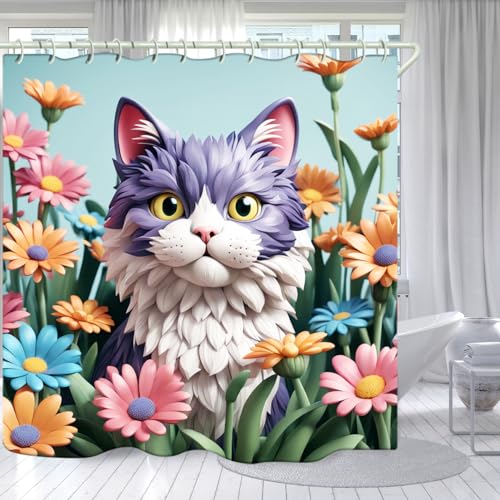 Image of LYFANS Bathroom with Purplish White Cat 3D Shower Curtains, Luxury Bathtub Standard Shower Curtain, Waterproof and Bright Fabric Shower Curtain Size (72x72 Inches)