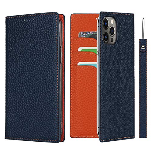 iCoverCase Compatible with iPhone 12 Pro Max Wallet Case, RFID Blocking Genuine Leather Magnetic Case with Wrist Strap and Card Slots Kickstand Feature Flip Cover (Navy Blue)