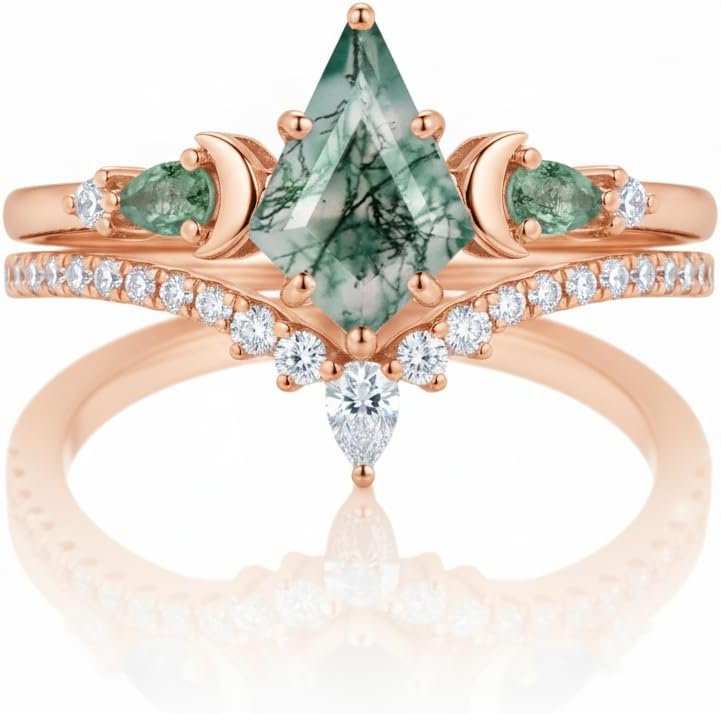 ROMANTICWORK Personalized Moss Agate Rings for Women 925 Sterling Silver Natural Gemstone Custom Name Promise Engagement Ring Jewelry Gift for Wife