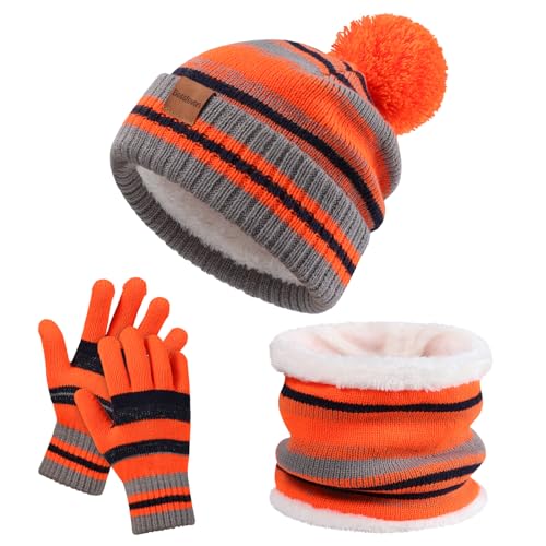 Image of Kids Winter Hat Gloves Scarf Set: Girls Boys Beanie Fleece Lined Ages 6-10