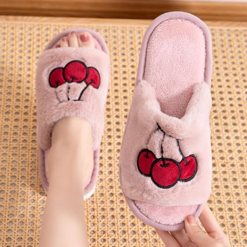 Women's Strawberry Slippers Non-Slip Indoor House Shoes Cute Fruit Plush Cozy Open Toe Cotton Bedroom Home Slippers with Memory Foam Lightweight Travel Portable4