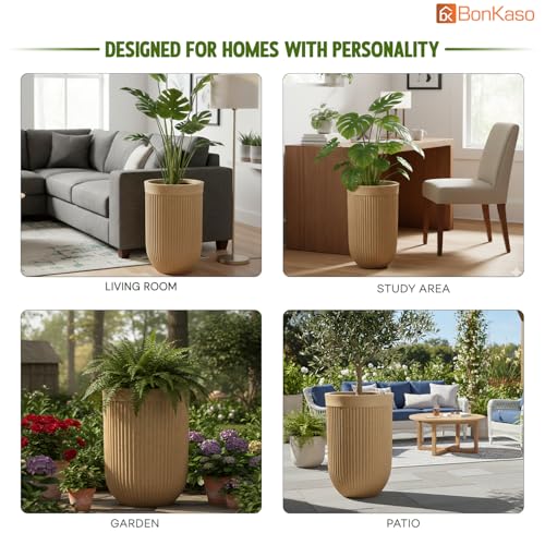 Image of Bonkaso 18 Inch Burj Khalifa Ribbed Planter for Indoor & Outdoor Use | Round Heavy Duty Polymer Flower Pot | Lightweight Weather Resistant Modern Gamla for Living Room Balcony & Terrace (Beige)