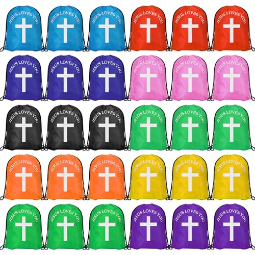 Mochila Jesus Loves You com cordão, igreja, escola, Páscoa, religiosa, presente bíblico, mochila de poliéster para presente de religião cristã (30 peças, cruz), Multicor, Large, Academia