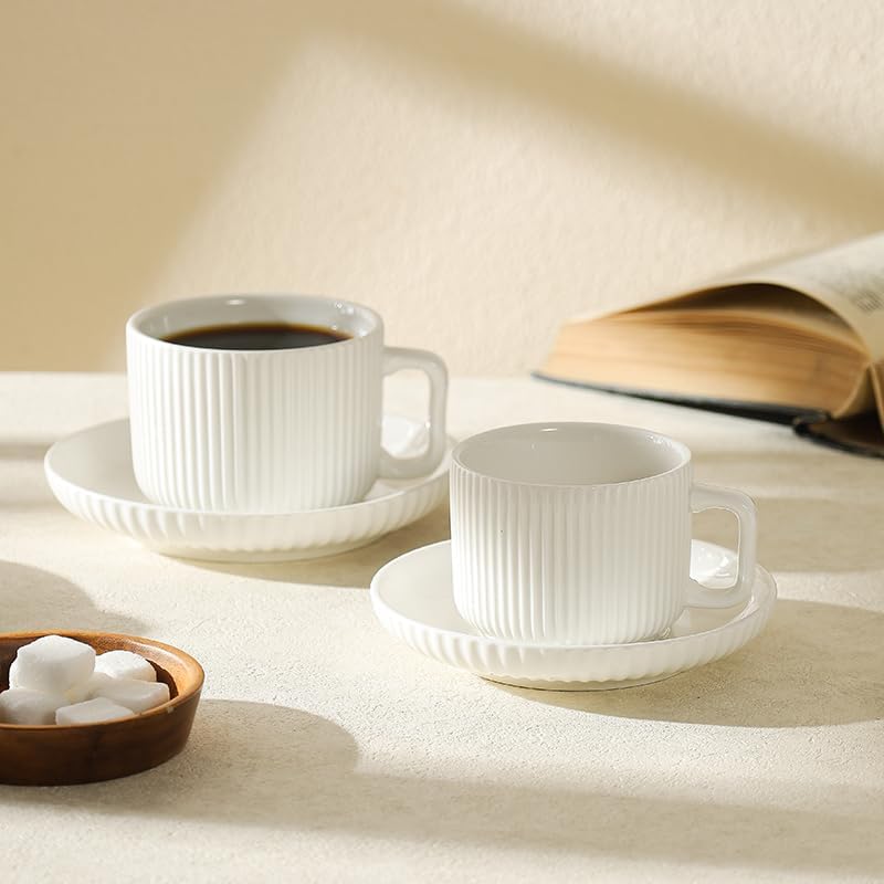 5 Ounce Espresso Cups Set of 4, Small Coffee Cups with Saucers and Spoons, White Cream Ceramic Demitasse Espresso Mugs - Image 3