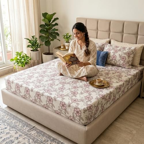 Image of Mafatlal 186 TC Grace Cotton Bedsheet for Double Bed | Pure Cotton Fabric | 90 x 100 Inches | Soft, Durable & Comfortable | Includes 2 Pillow Covers
