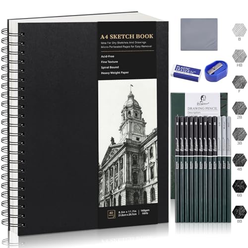 A4 Skizzenbuch Set Zeichenbuch 160g/m Skizzenpapier zum Zeichnen mit 12 Skizzenstifte 2 Radiergummis 1 Anspitzer für Künstler Kinder Studenten (40 Blatt/80 Seiten)