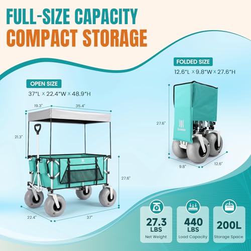 Image of Navatiee Beach Wagon with Big Balloon Wheels for Sand, 200L Extra Large Beach Cart with Canopy, 440Lbs Heavy Duty Folding Wagon Collapsible with 9 inch Tires & Side Pocket for Beach, Outdoor, Light Blue