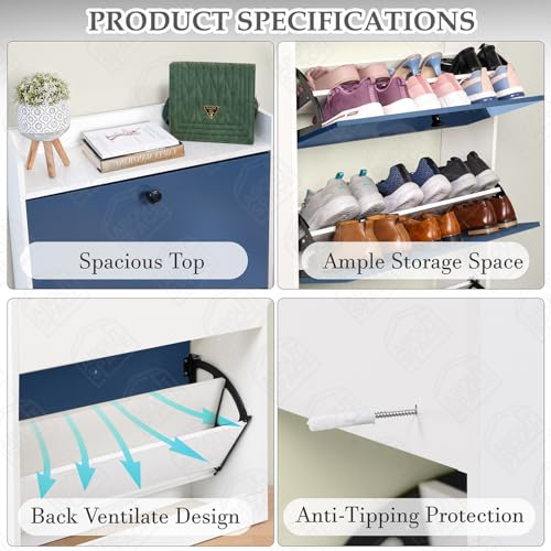 Image of ABOUT SPACE Shoe Rack for Home - 4.5ft 3 Tier Tilt Out Door Semi-UV Gloss Laminate DIY Engineered Wood Shoe Cabinet - Anti-tip Protection Removable Adjustable Panels for 18-20 Pairs - Blue & White