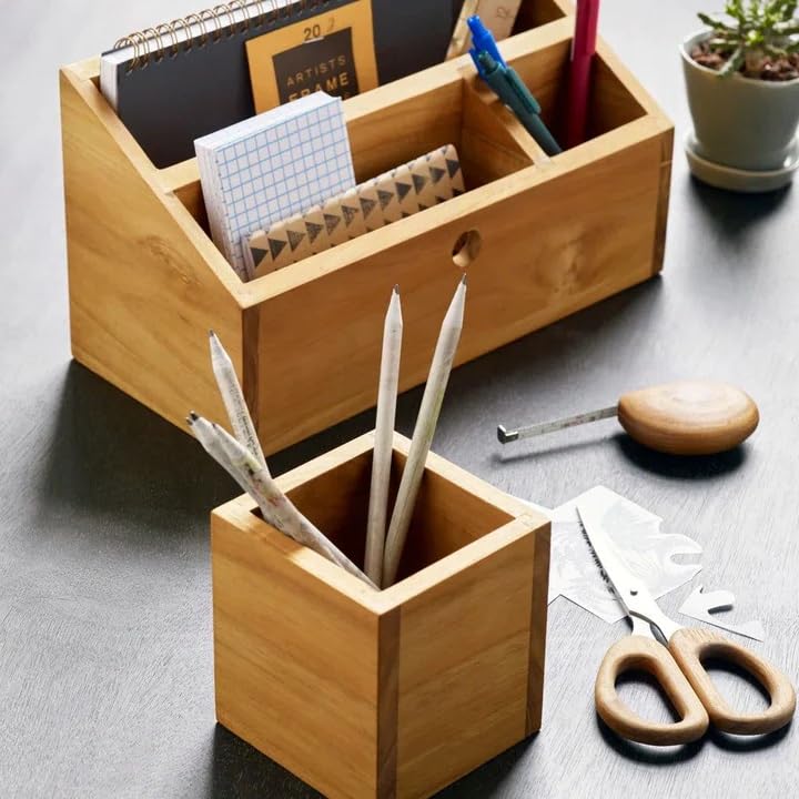 Image of Solid Wood Pen Holder for Office Table | Acacia Wood Desk Organizer | Multipurpose Stationery Holder | Natural Finish | 4'' H x 3.5'' W x 3.5'' D