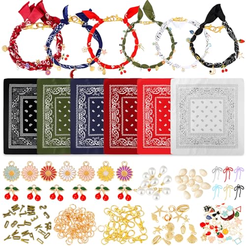 Misdary 276 Pcs DIY Scarf Necklace with Charm Bandana Choker with Pearl Cowboy Boho Gold Charms Resin Charms Sea Shell Charm Adjustable Jewelry Scarf Necklaces Bandanas for Women Men