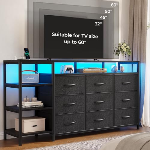 TV Stand for 60 Inches TV,Dresser with Charging Station & LED Lights, 9 PU & Fabric Drawers,Entertainment Center and Industrial TV Console Table with Open Shelves for Living Room, Bedroom,Black