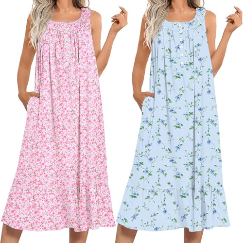 Image of Ekouaer 2 Pack Nightgowns for Women Sleeveless Long Night Gowns Victorian Nightdress with Pockets Soft Ladies Gown