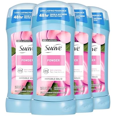 Suave Antiperspirant Deodorant for Women, Powder, 4-Pack Anti-Staining Invisible Solid, Talc-Free, 2.6 Oz Ea