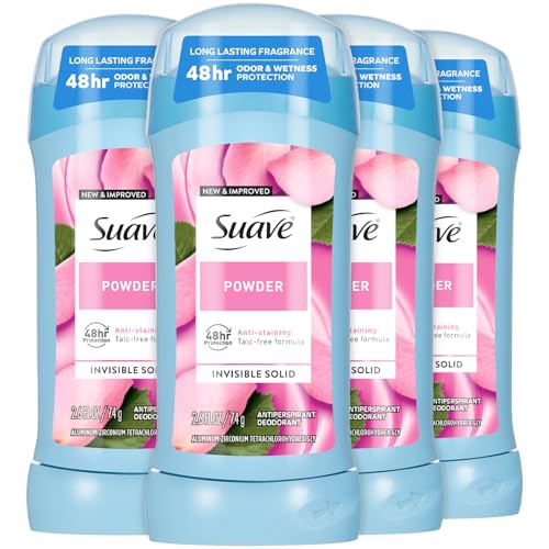 Image of Suave Antiperspirant Deodorant for Women, Powder, 4-Pack - Anti-Staining Invisible Solid, Talc-Free, 2.6 Oz Ea