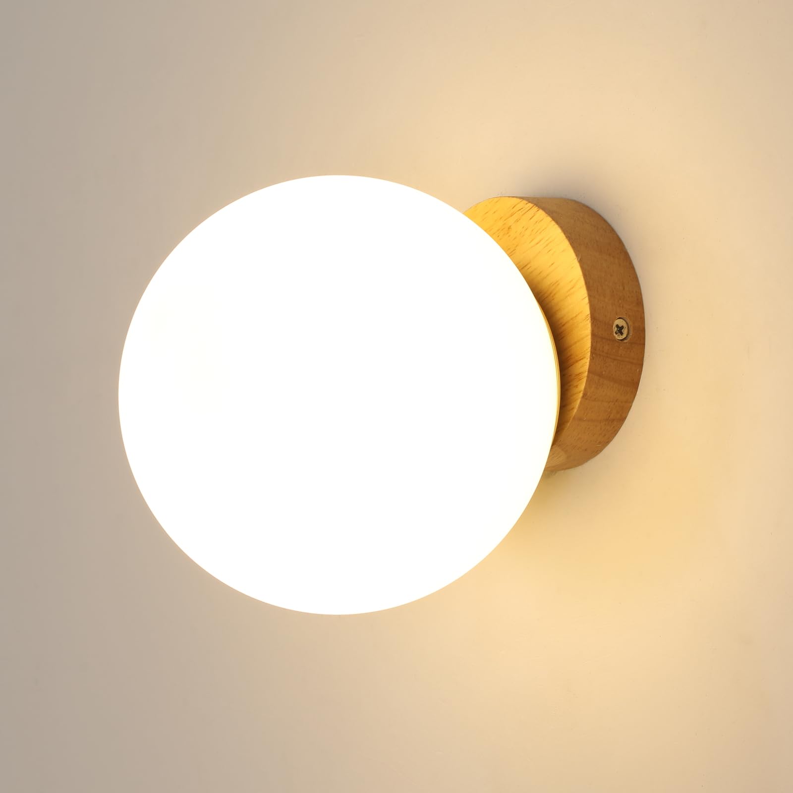 Wandleuchte Innen Holz, Vintage Wandlampe Treppenhaus E27, Runden Moderne Wandleuchte, Weiß Lampenschirm aus Glas Wandbeleuchtung für Wohnzimmer Schlafzimmer Flur, Nicht Leuchtmittel