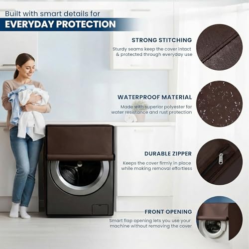 Image of Waterproof & Dustproof Front Load Washing Machine Cover Compatible for LG 12kg (FHD1208STB) | UV-Protective Washing Machine Cover | Anti-Slip Polyester | Easy to Clean & Zipper (Coffee)