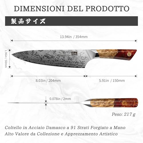 SHAN ZU Coltelli da Cucina Damasco 91 Strati, Coltello da Chef a Giapponese in Acciaio in Polvere SG2, Professionali Coltello Multiuso 20 cm Forgiato a Mano Acciaio Damascato con Manico in Acero - immagine 3