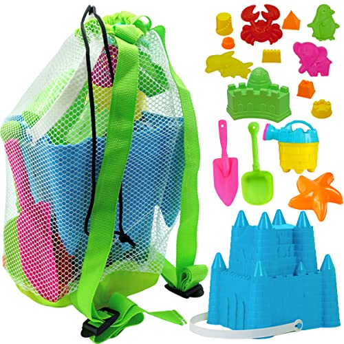 4E's Novelty Beach Toys for Kids with Bag (17 Pcs Set) Castle Beach Bucket with Shovels & Molds - Sand Toys for Toddlers with Mesh Beach Bag Backpack, Easter Basket Stuffer
