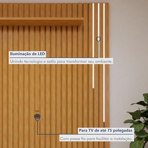 Conjunto Rack Grécia 180cm com Painel Ripado com Led para Tv de até 75 Polegadas com Led Paris Natur