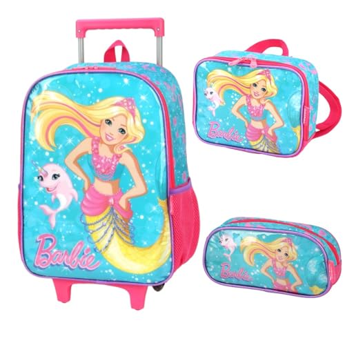 Mochila Carrinho Estojo Lancheira Barbie Sereia E Unicórnio cor:Verde