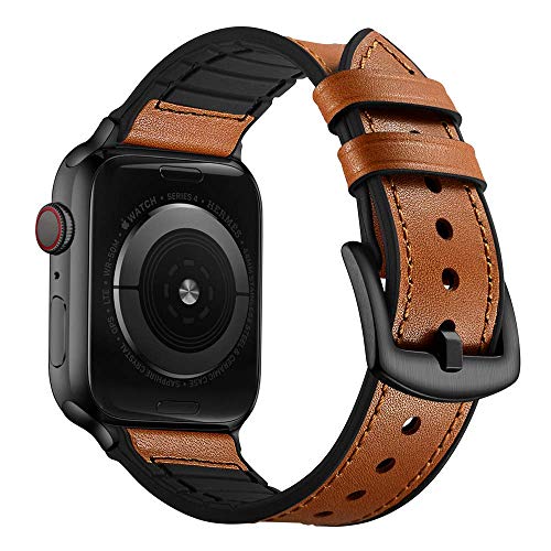 O RLY Silicon + Genuine Piel Correa Compatible con Apple Watch Band 44mm 42mm para Series 4 3 2 1 Suave y Blando (Brown) Cover