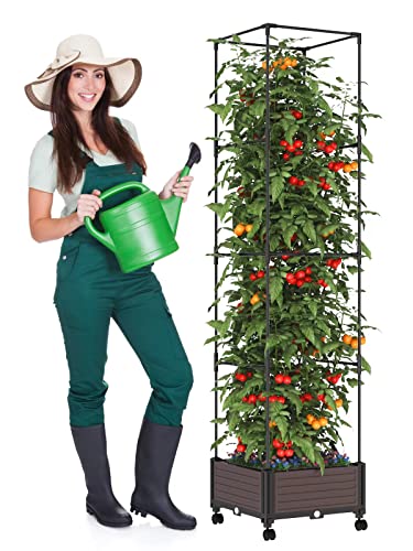 Aililan Tomato Planter with Wheels - Raised Garden Bed Planter Box with Trellis for Indoor Climbing Vegetables Plants, 66×16×16 Inch Outdoor Tomato Cage